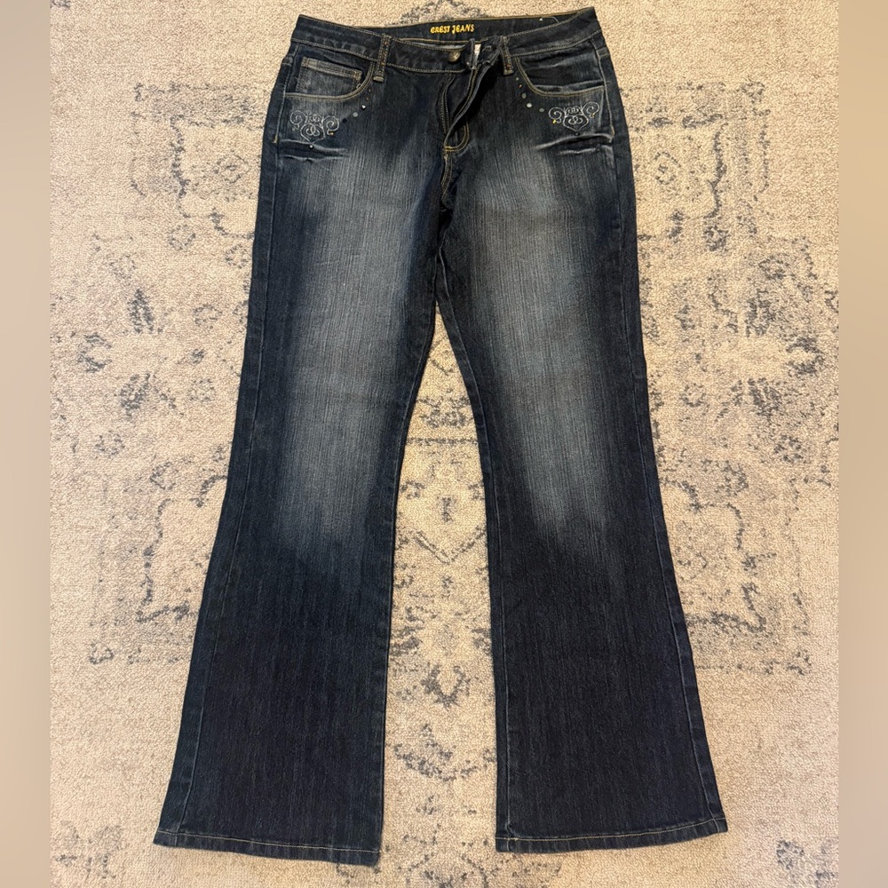 Crest Dark Blue Flare Jeans with Embroidery